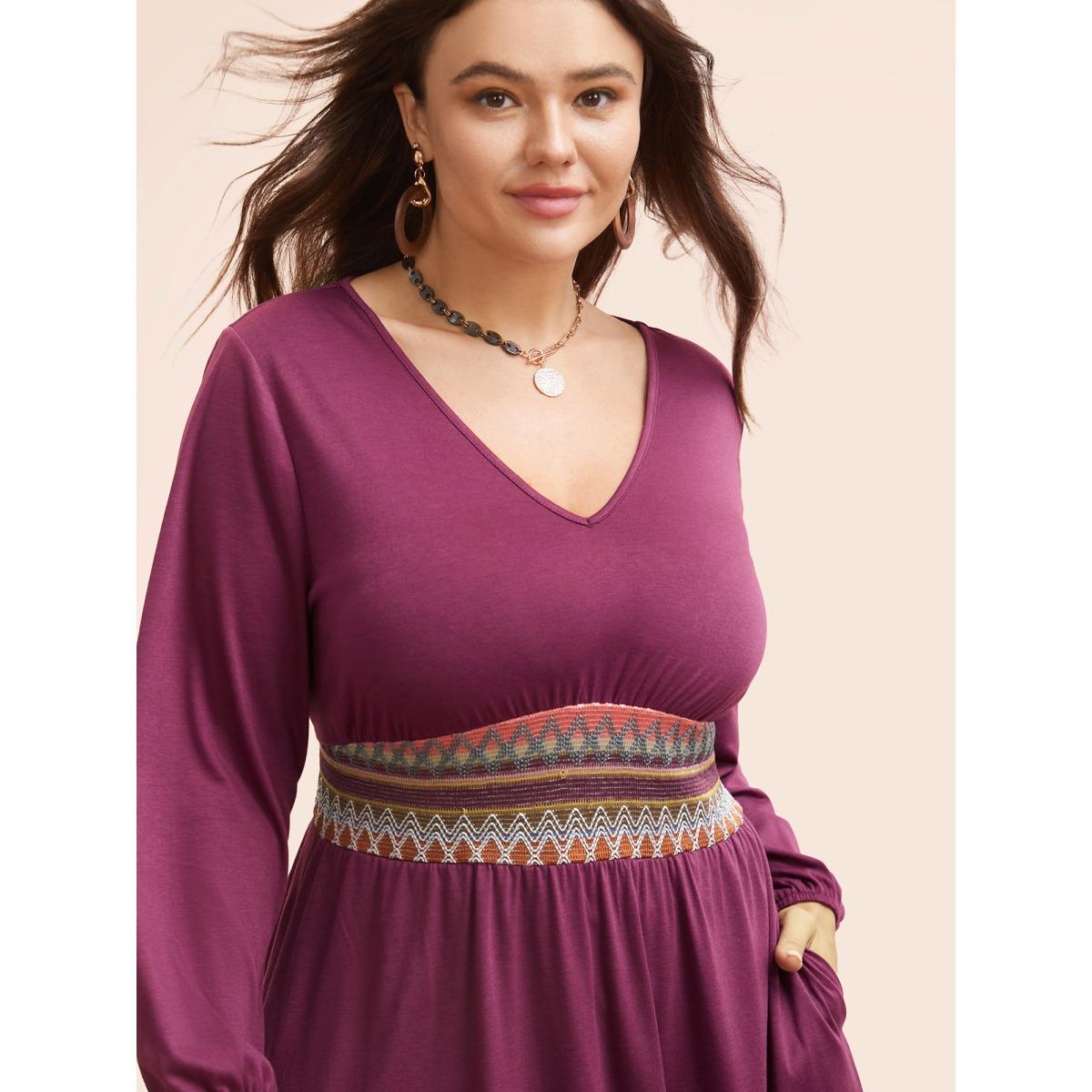 Plus Size V Neck Contrast Webbing Midi Dress RedViolet Women Resort Woven ribbon&lace trim V-neck Long Sleeve Curvy BloomChic 28/5X Product Image