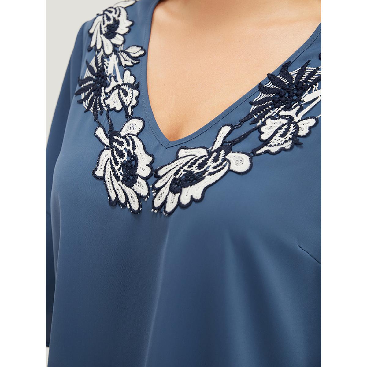 Plus Size Stone Floral Applique Bell Sleeve Blouse Women Elegant Elbow-length sleeve V-neck Dailywear Blouses BloomChic 26/4X Product Image