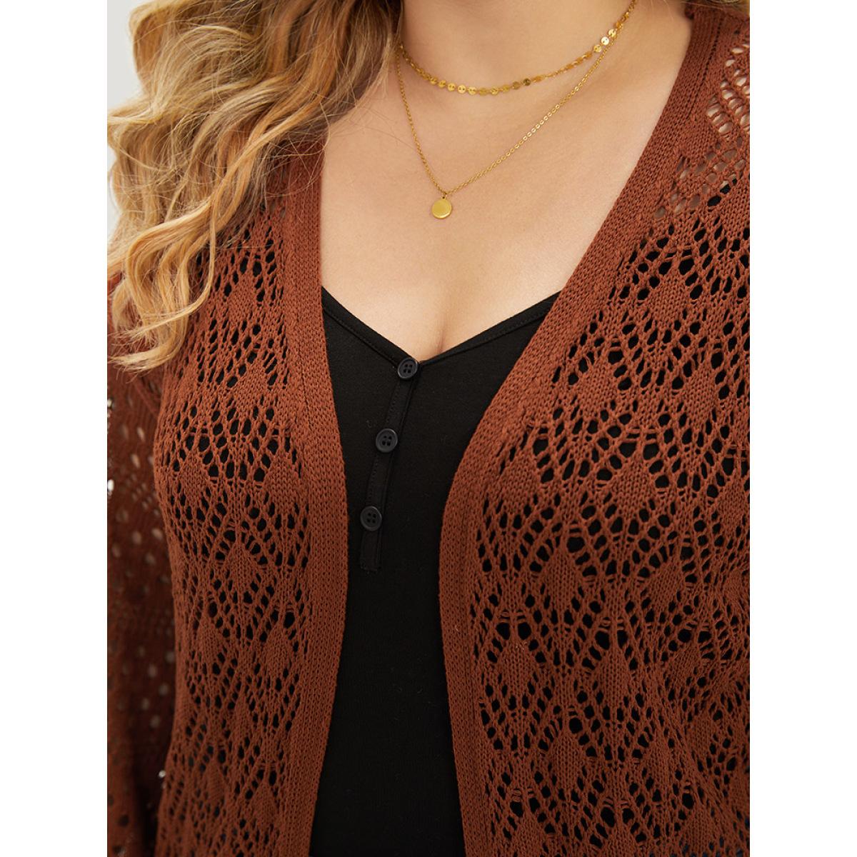 Plus Size Plain Hollow Out Split Side Maxi Cardigan Maroon Women Casual Loose Long Sleeve Dailywear Cardigans BloomChic 10/M Product Image