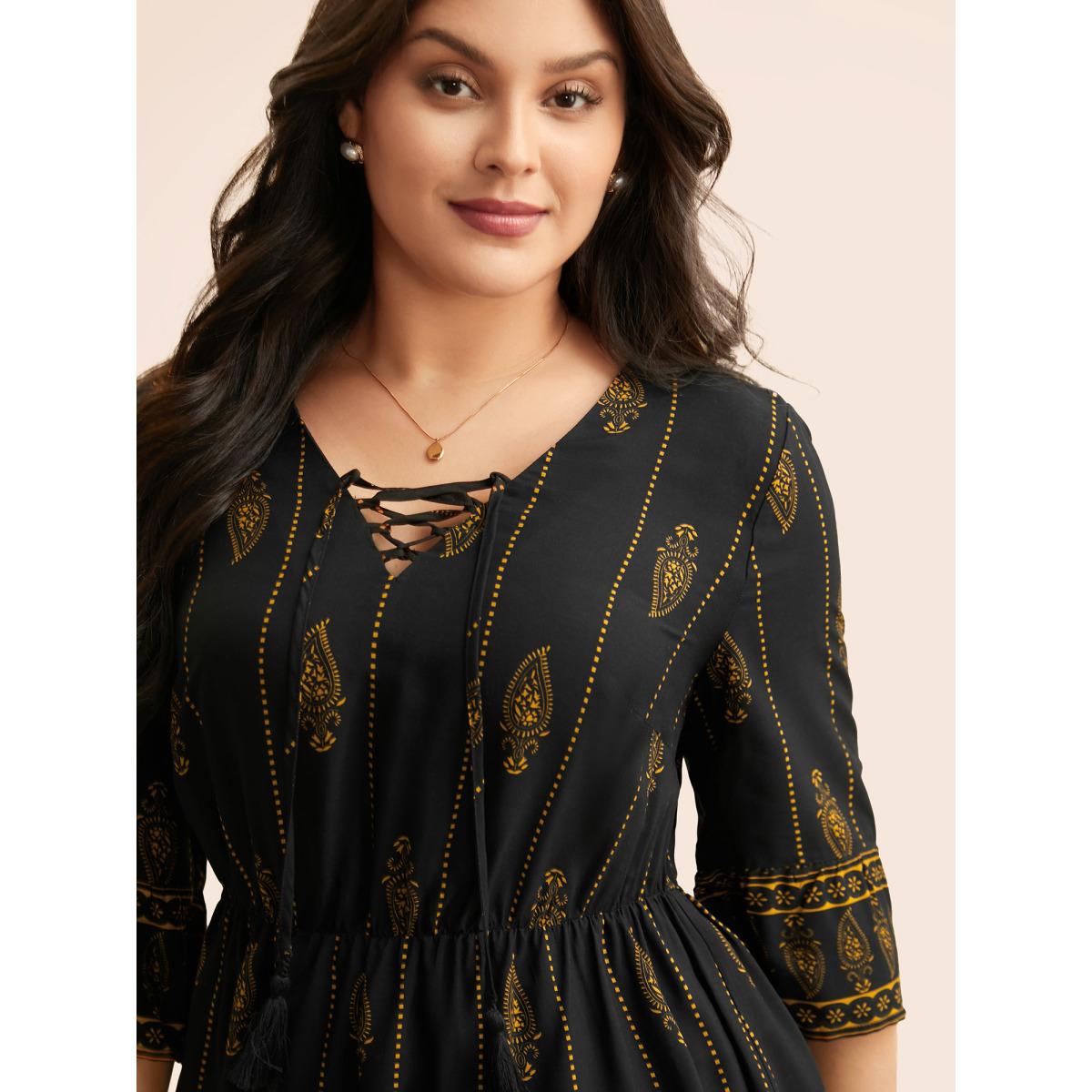 Plus Size Black Boho Print Lace Up Bell Sleeve Blouse Women Elegant Elbow-length sleeve V-neck Everyday Blouses BloomChic 14-16/1X Product Image