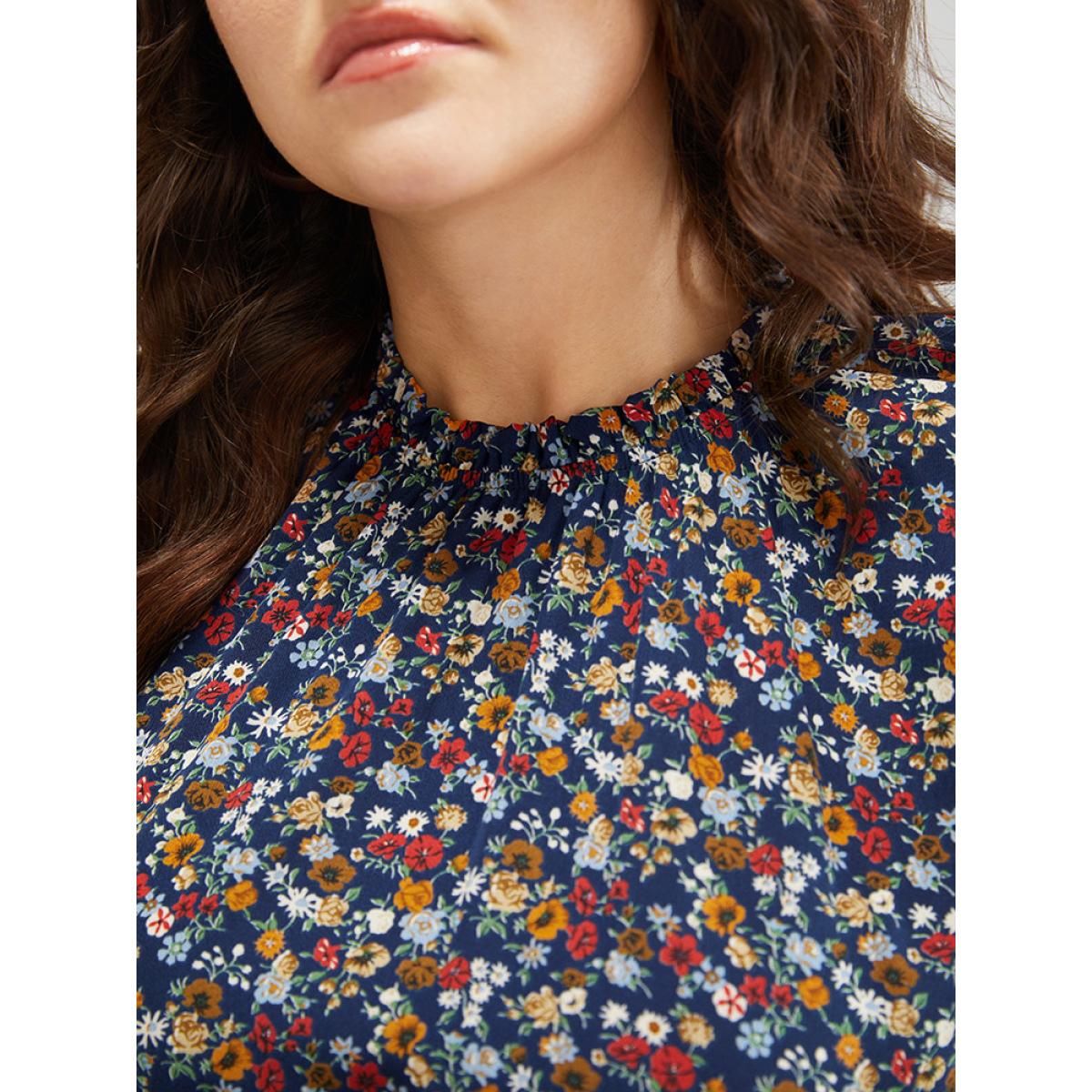 Plus Size Ditsy Floral Ruffle Sleeve Pocket Frill Trim Mock Neck Dress DarkBlue Women Elegant Pocket Mock Neck Half Sleeve Curvy Midi Dress BloomChic 12/L Product Image