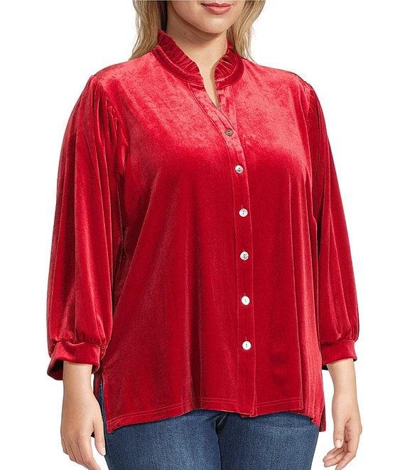John Mark Plus Size Wire Ruffle Collar 3/4 Puff Sleeve Velvet Tunic Product Image