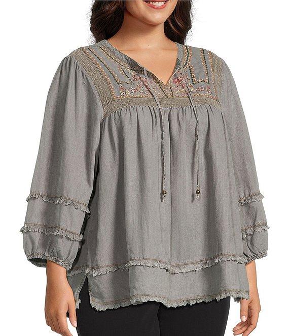 Multiples Plus Size Embroidered Band Collar 3/4 Sleeve Fringe Hem Top Product Image