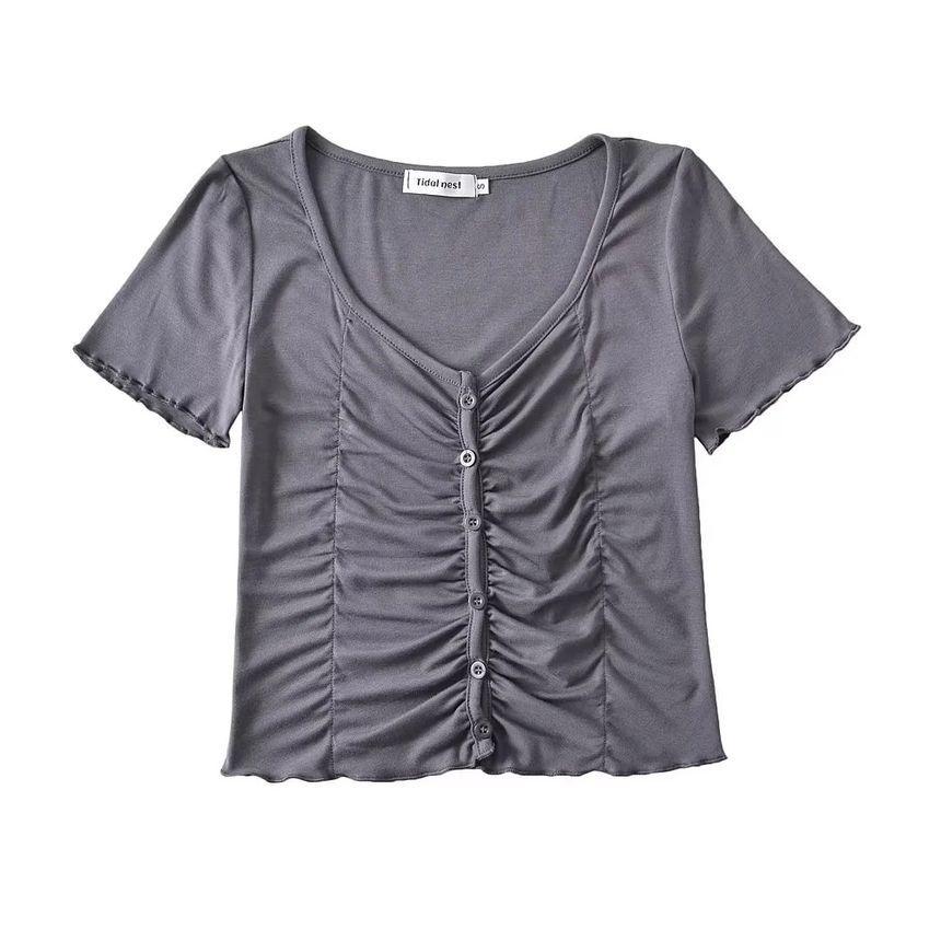 Short Sleeve Plain Ruched Slim-Fit Crop Top Product Image