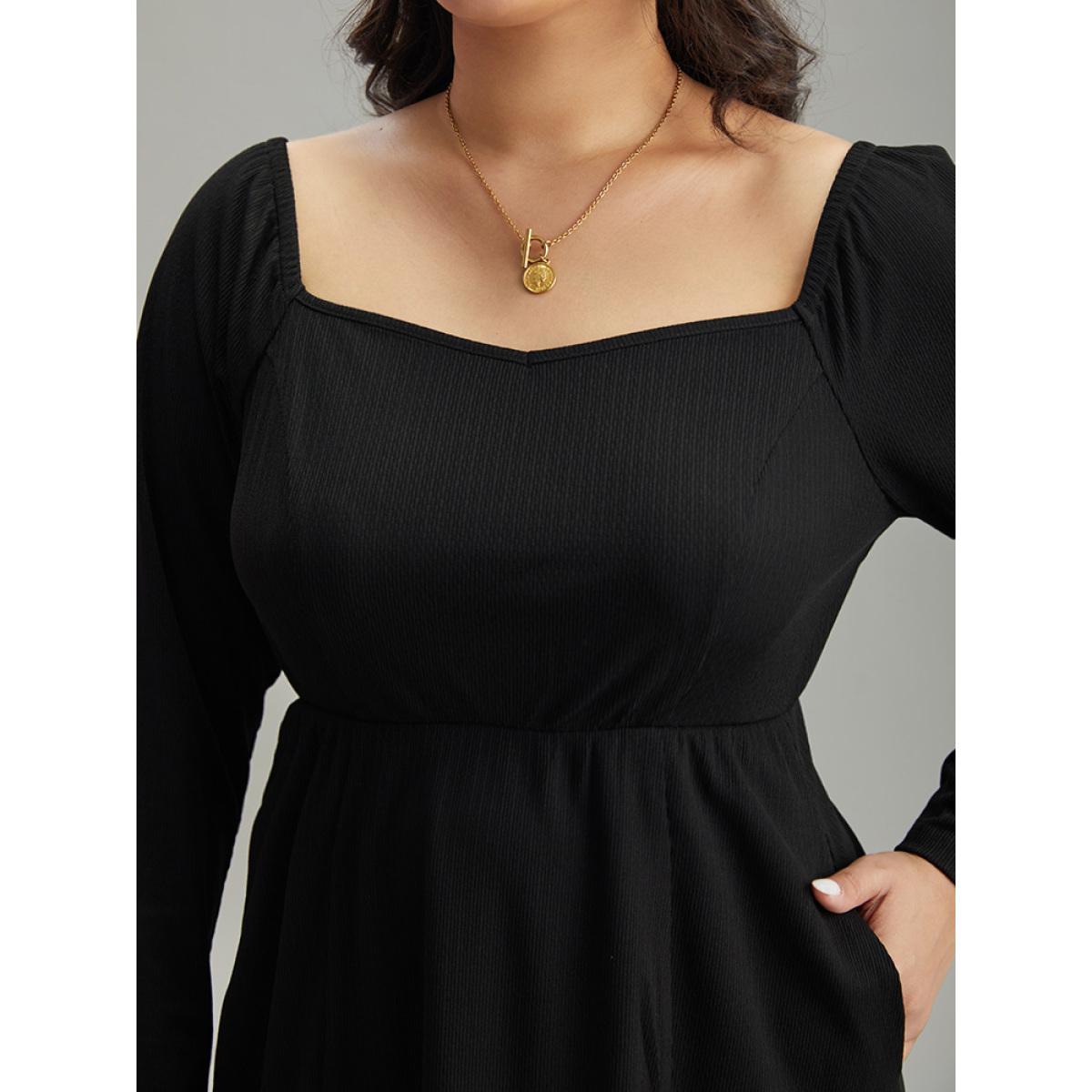 Plus Size Rib Knit Split Side Square Neck Dress Black Women Elegant Plain Square Neck Long Sleeve Curvy Midi Dress BloomChic 30/6X Product Image