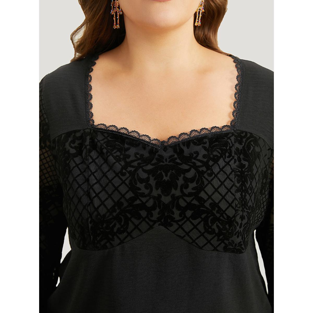 Plus Size Black Halloween Floral Eyelet Lace Mesh Bell Sleeve Blouse Women Elegant Long Sleeve Square Neck Festival-Halloween Blouses BloomChic 10/M Product Image