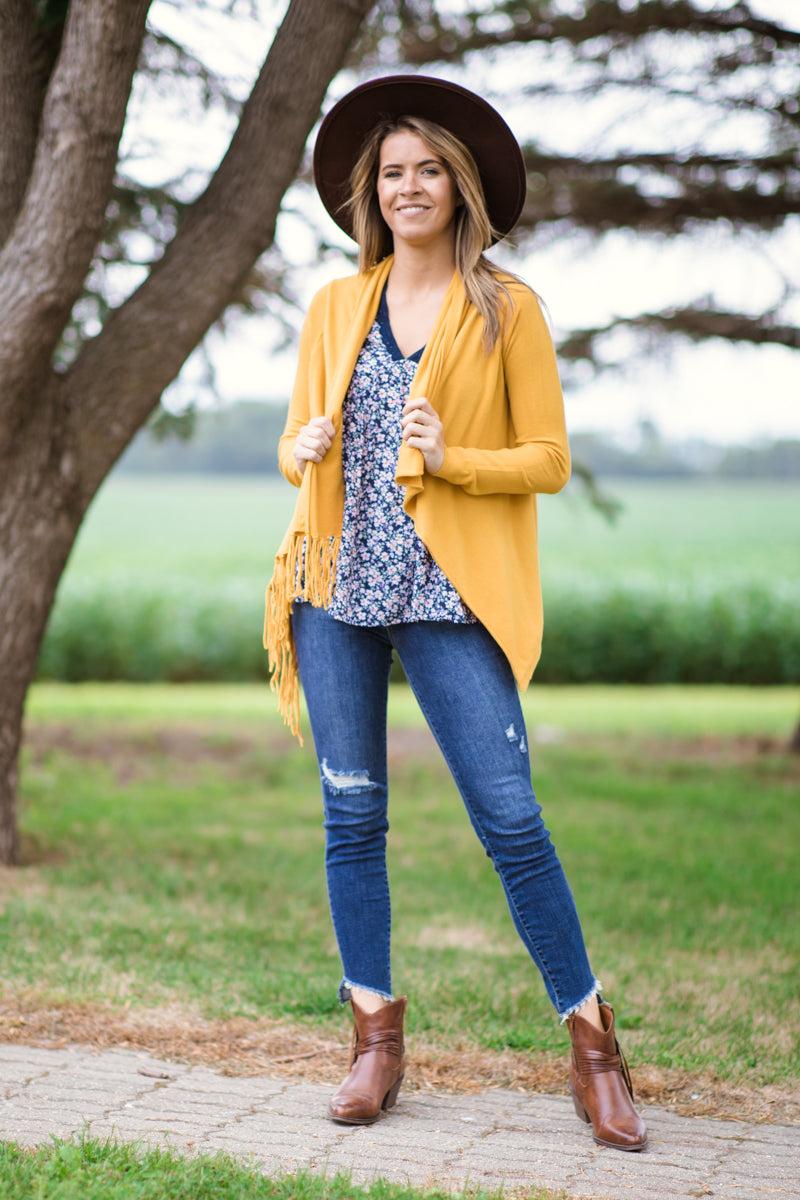 Mustard Fringe Trim Cardigan Product Image