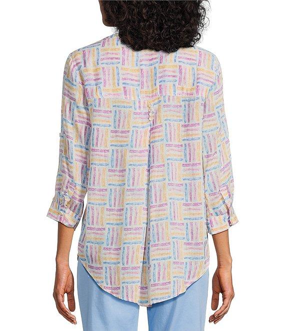 Intro Petite Size Woven Orchid Bouquet Split V-Neck 3/4 Roll-Tab Sleeve Button Front Shirt Product Image