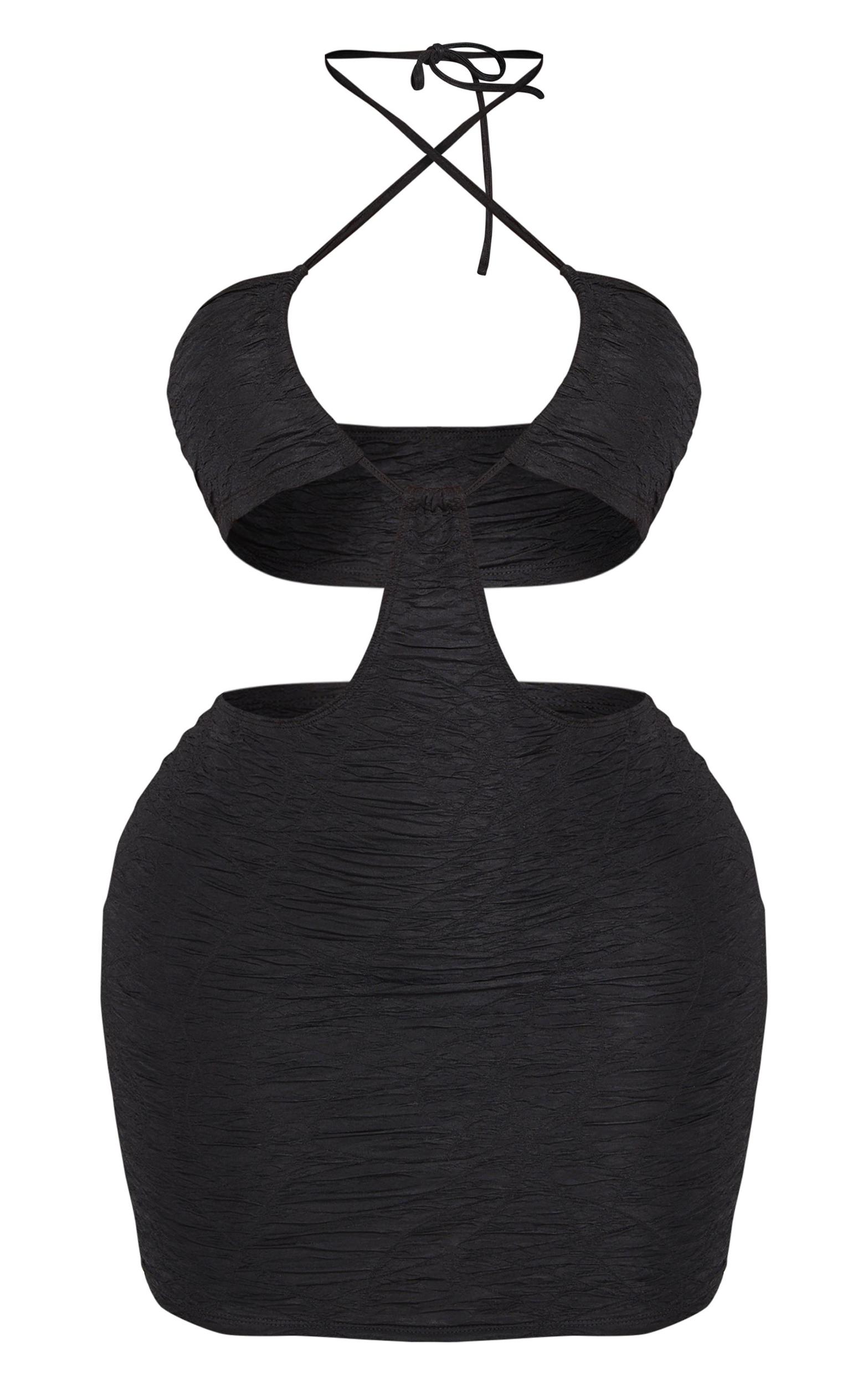 Shape Black Textured Cross Over Halter Neck Cut Out Bodycon Dress Product Image