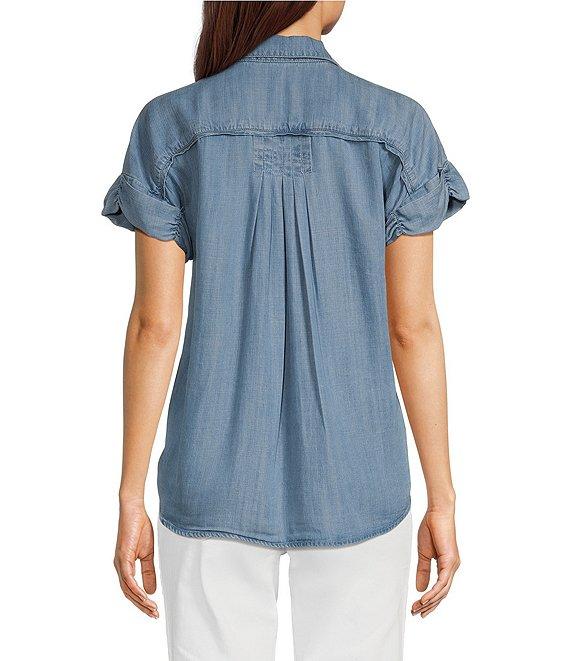 Democracy Petite Size Lyocell Point Collar Ruched Short Sleeve Pleated Shirt Product Image