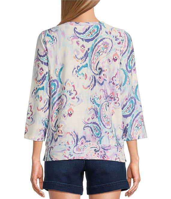 Westbound Petite Size Hazy Paisley Knit 3/4 Sleeve Crew Neck Ribbed Detail Multi Print Top Product Image