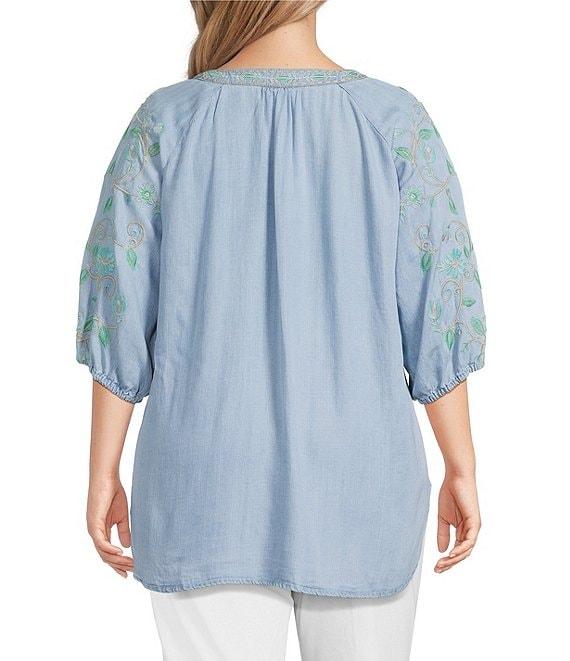 Multiples Plus Size Lyocell Embroidered Elbow Raglan Sleeve Notch Neck Band Collar Hi-Low Hem Top Product Image