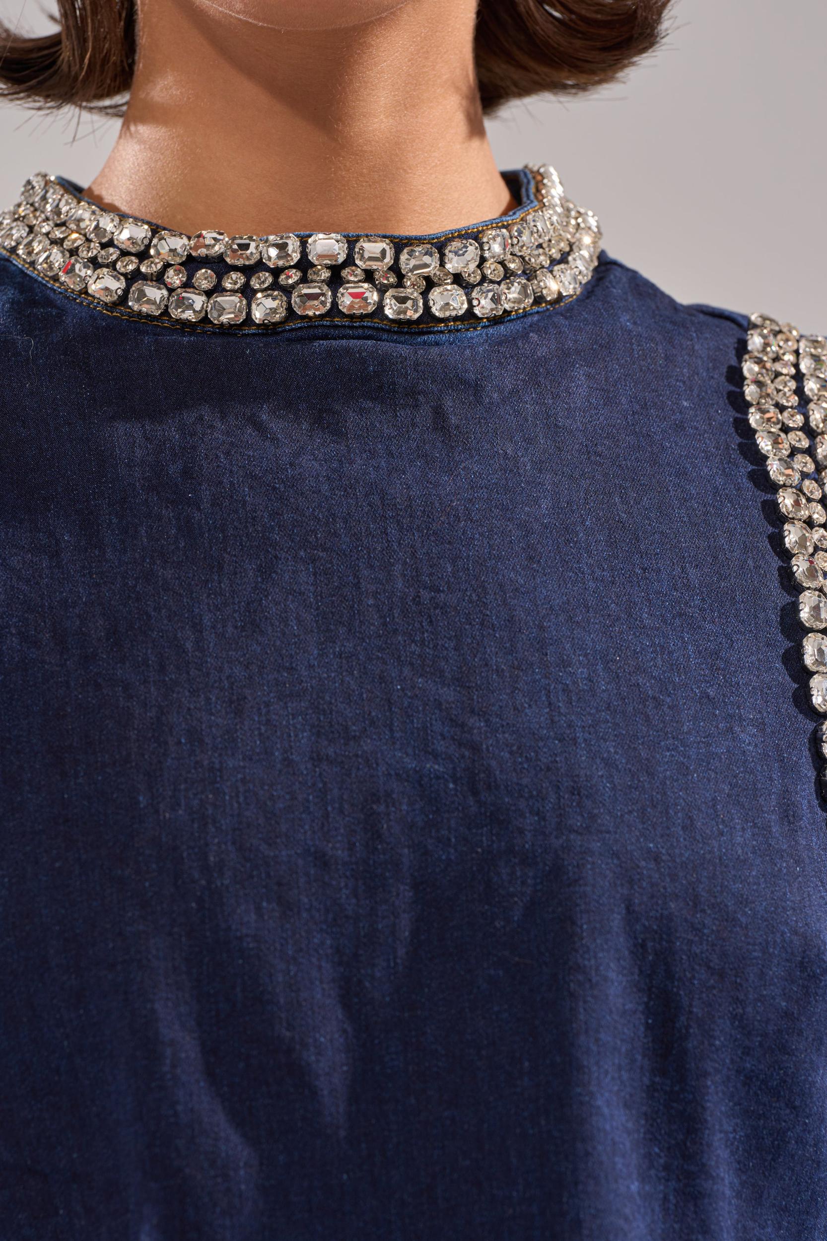 POPPIN OUT RHINESTONE DENIM BLOUSE IN DARK WASH DENIM Product Image