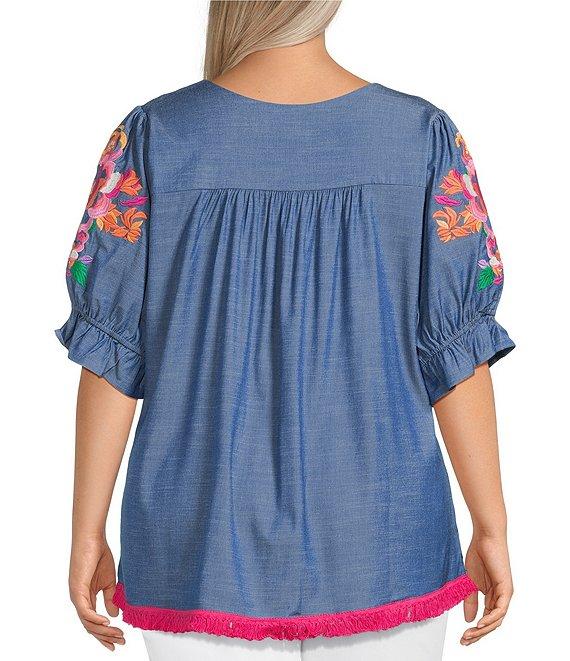 Calessa Plus Size Embroidered Square Neck Short Sleeve Tunic Product Image