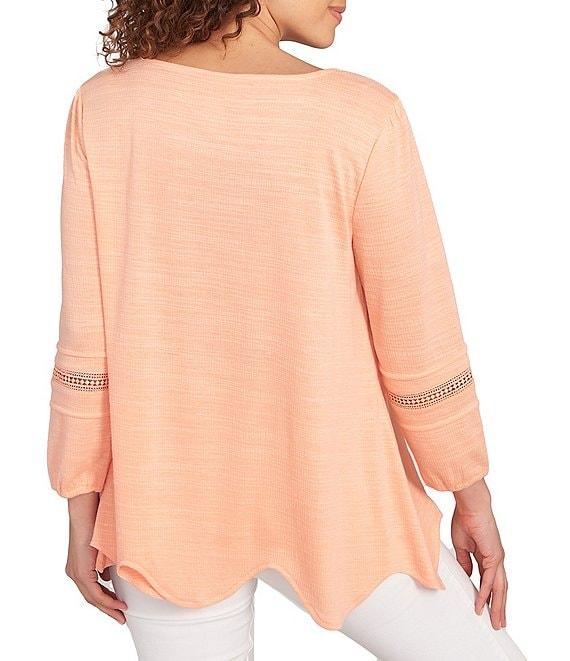 Ruby Rd. Petite Size Knit Scoop Neck 3/4 Bishop Sleeve Lace Trim Scallop Hem Top Product Image