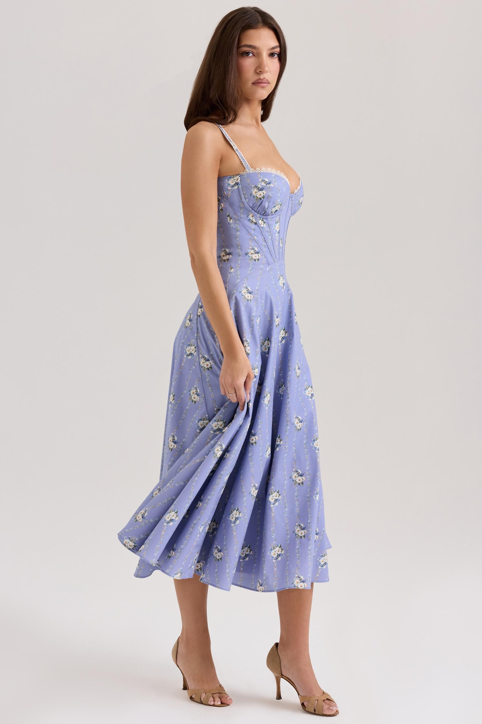 Steffani  blue daisy print stretch cotton midi sundress Product Image