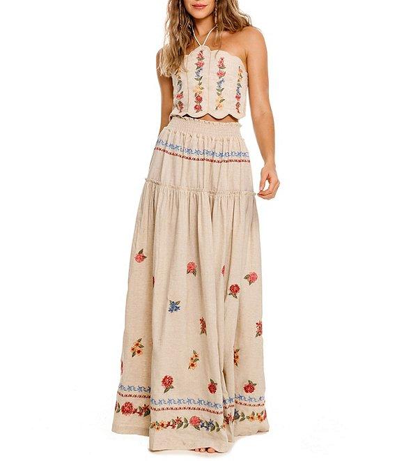 Agua Bendita Jenna Blush Floral Embroidered Smocked Waist Maxi Skirt Product Image