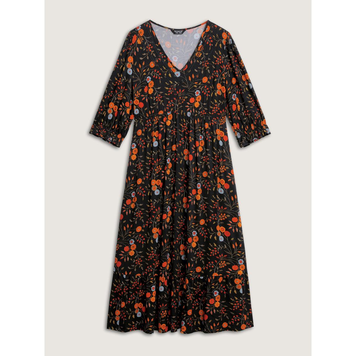 Plus Size Floral Branch Print Lace Trim Maxi Dress Black Women Timeless Woven ribbon&lace trim V-neck Elbow-length sleeve Curvy BloomChic 30/6X Product Image