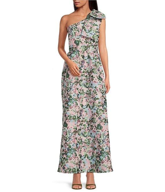 Abbey Glass Caroline Asymmetrical Neck Sleeveless Bow One Shoulder Bow Floral Jacquard Pocketed A-Line Dress Product Image