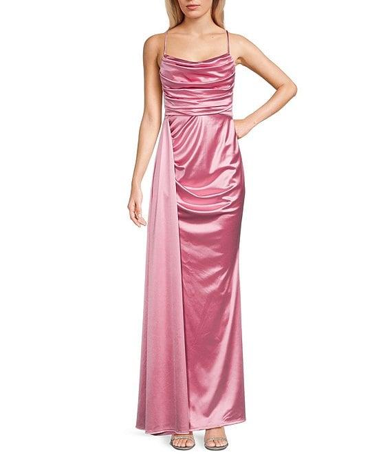 B. Darlin Satin Sweetheart Neckline Side Drape Long Dress Product Image