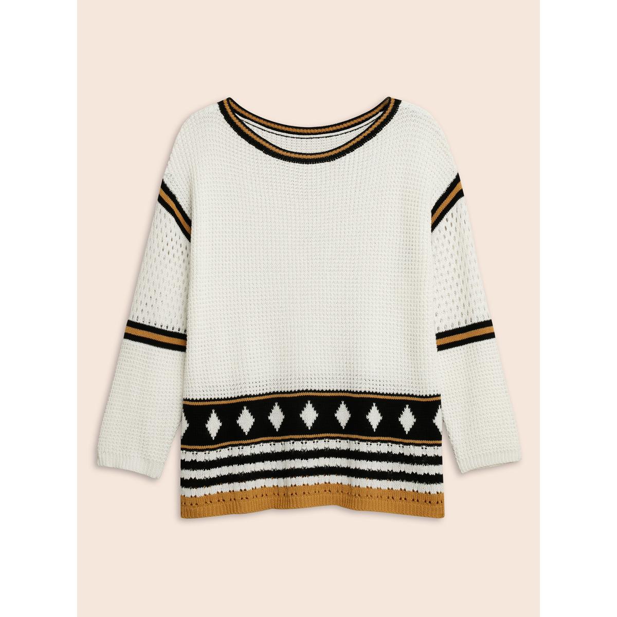 Plus Size Cotton Geometric Striped Drop Shoulder Sleeve Pullover Ivory Women Boho Loose Long Sleeve Round Neck Vacation Pullovers BloomChic 18-20/2X Product Image