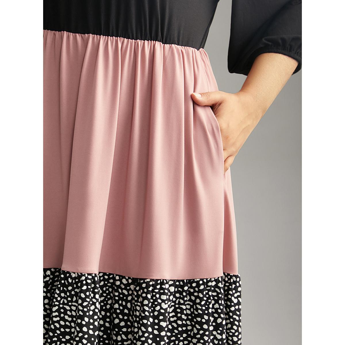 Plus Size Leopard Colorblock Patchwork Elastic Waist Dress Multicolor Women Casual Elastic cuffs V-neck Elbow-length sleeve Curvy Midi Dress BloomChic 14-16/1X Product Image