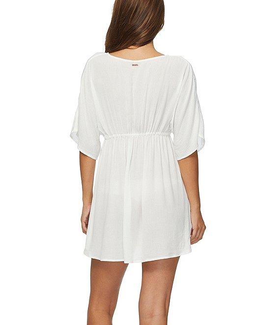 Raisins Solid Island Plunge V-Neck Underbust Shirring Swim Cover-Up Dress Product Image