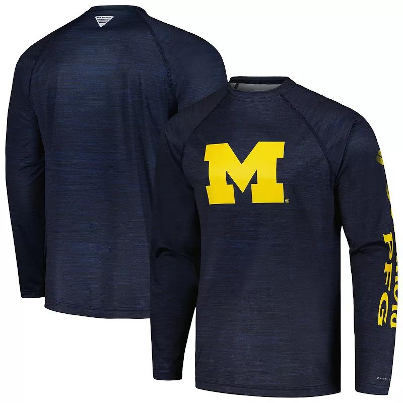 Men's Columbia Navy Michigan Wolverines PFG Terminal Tackle Omni-Shade Raglan Long Sleeve T-Shirt,  Product Image