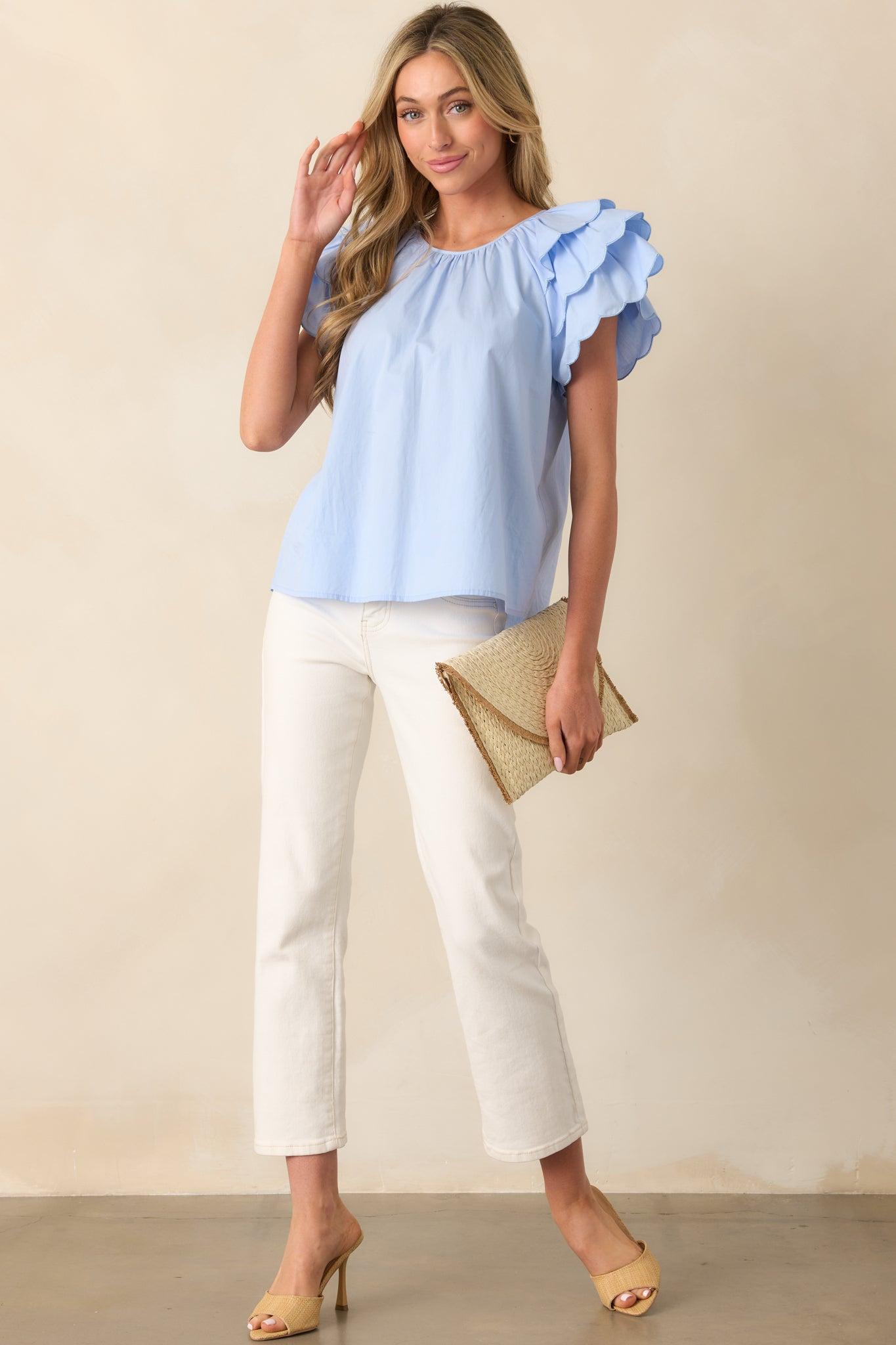 Bianca Blue Fog Cotton Embroidered Scallop Top Product Image