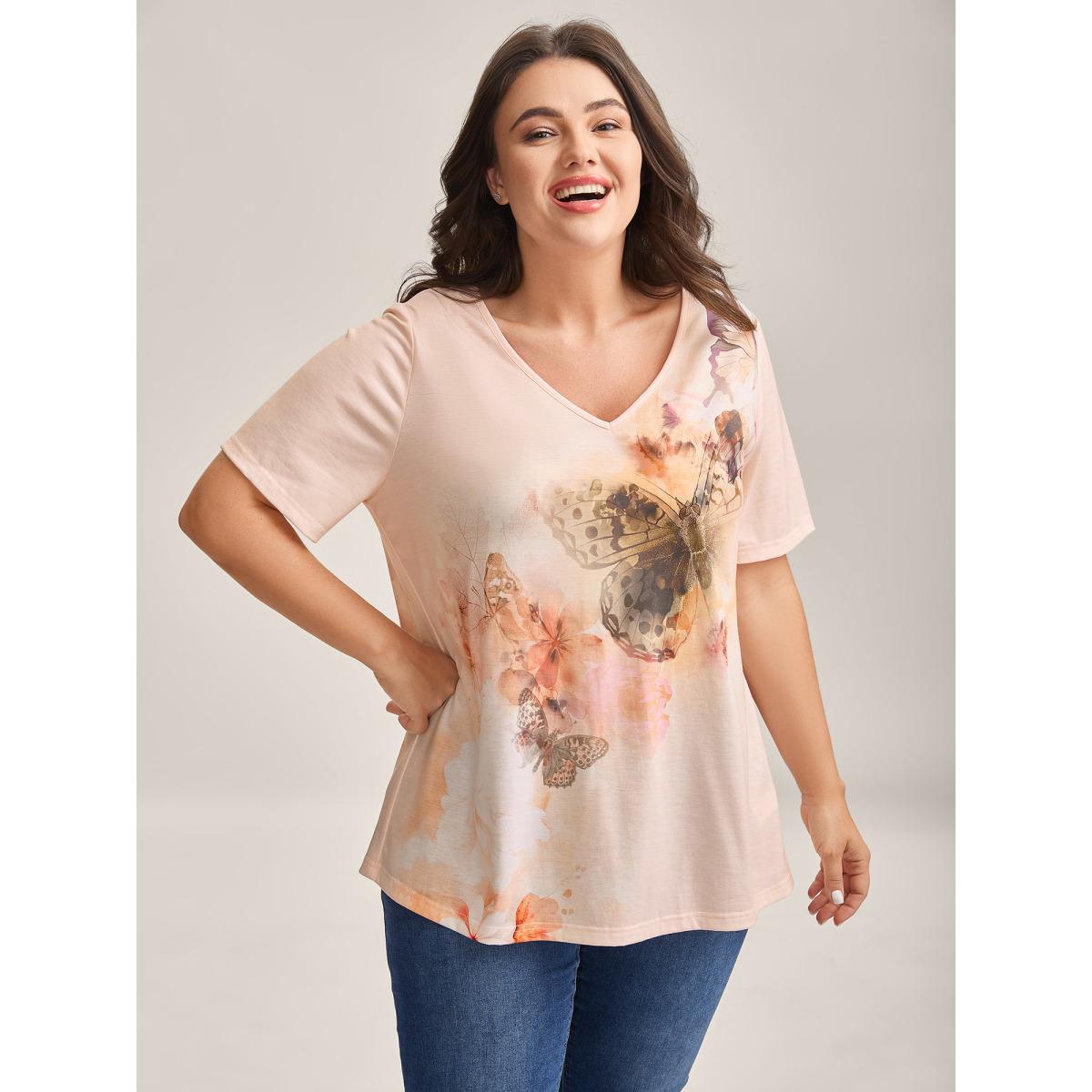Plus Size Stretchy Butterfly Print V Neck T-Shirt Crepe Women Leisure Non Butterfly V-neck Casual T-shirts BloomChic 26/4X Product Image