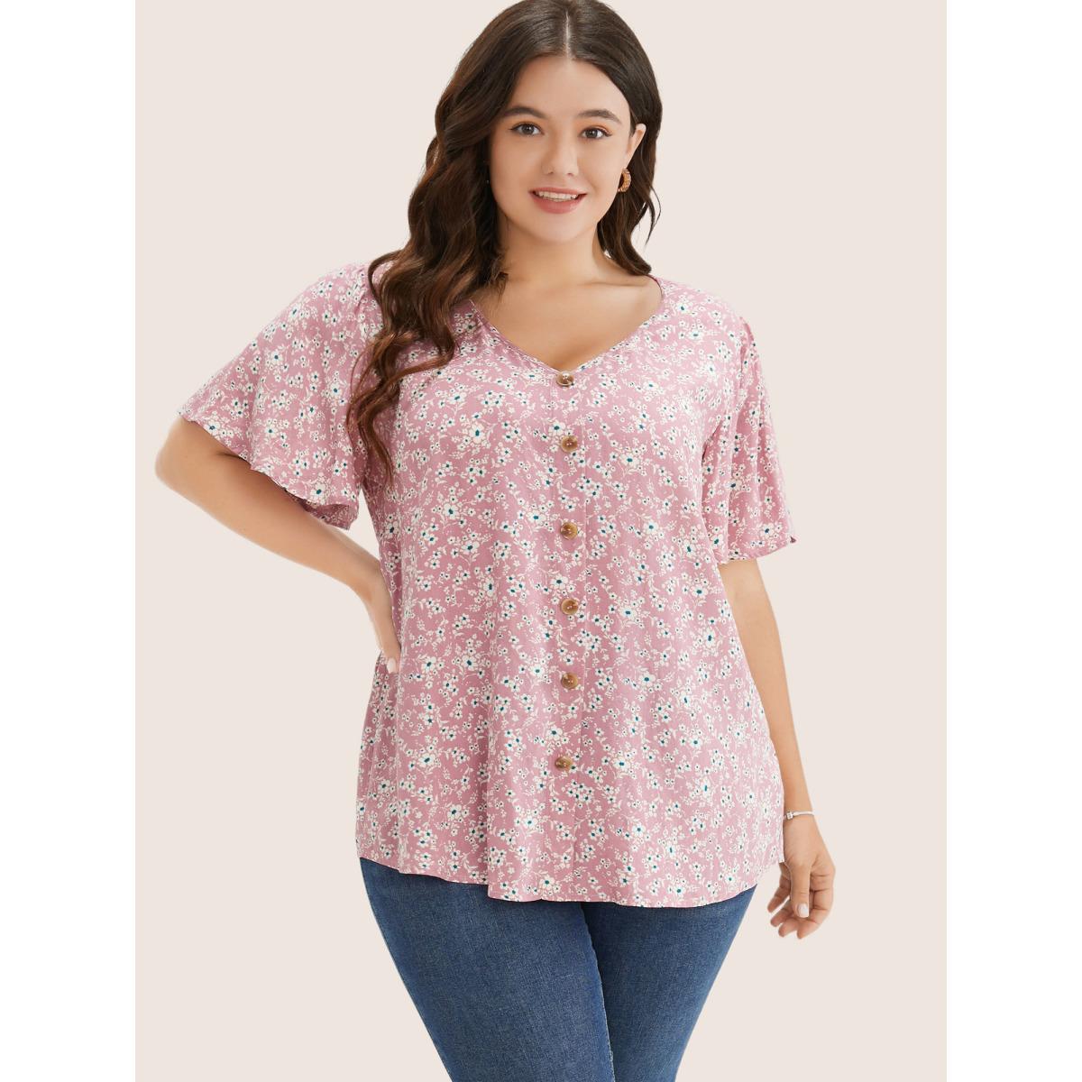 Plus Size Pink Ditsy Floral Contrast Ruffle Sleeve Button Detail Blouse Women Elegant Short sleeve Non Everyday Blouses BloomChic 12/L Product Image