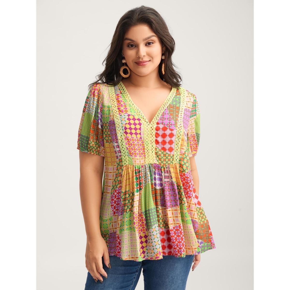 Plus Size Multicolor Vibrant Collage Print Babydoll Top Women Playful Short sleeve Deep V-neck Vacation Blouses BloomChic 26/4X Product Image