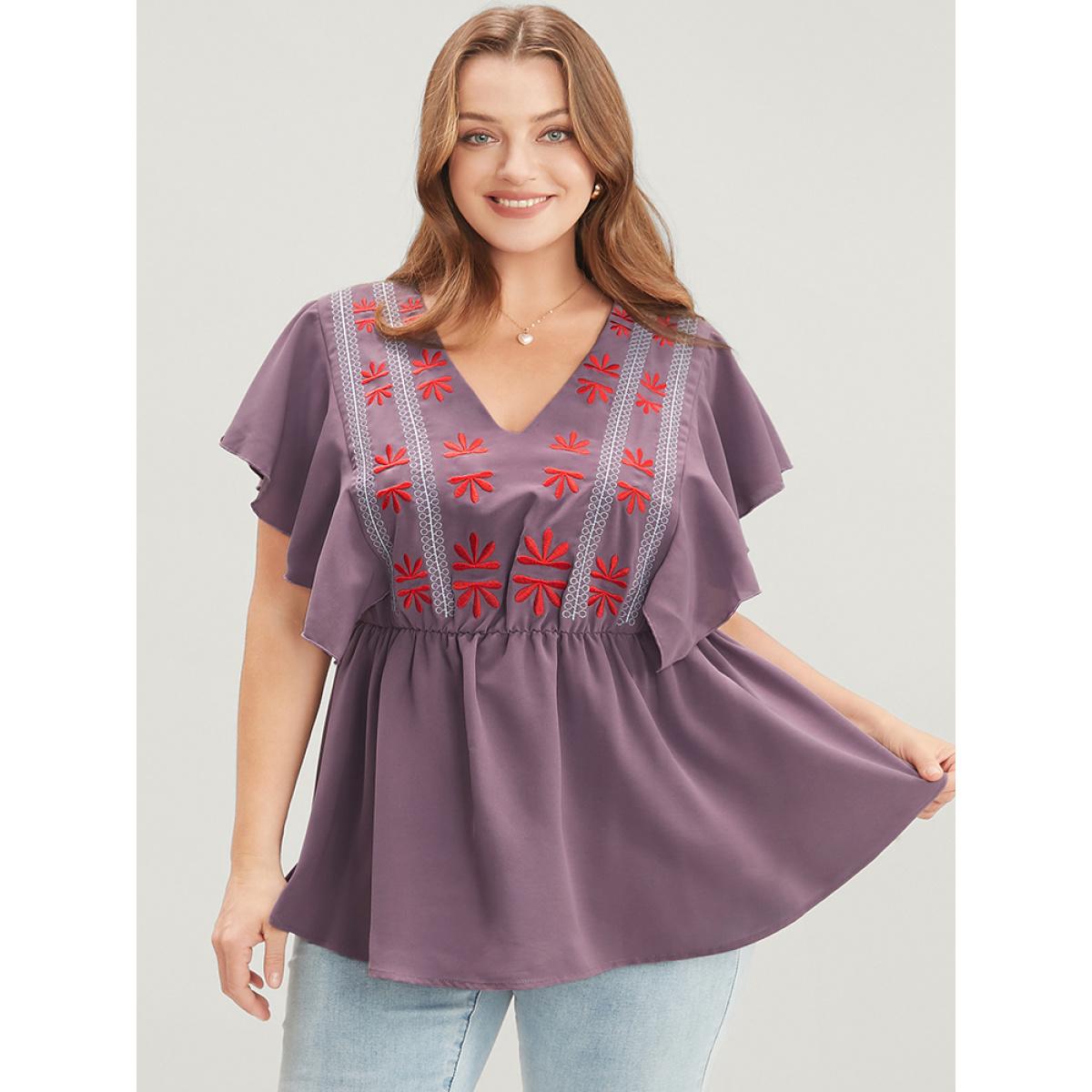 Plus Size Mauve Floral Embroidered V Neck Ruffle Sleeve Blouse Women Vacation Short sleeve V-neck Dailywear Blouses BloomChic 26/4X Product Image