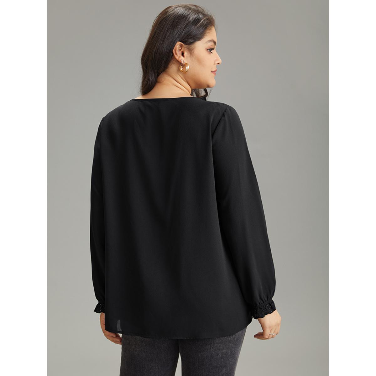 Plus Size Black Guipure Lace Laser Cut Patchwork Lantern Sleeve Blouse Women Elegant Long Sleeve V-neck Everyday Blouses BloomChic 22-24/3X Product Image