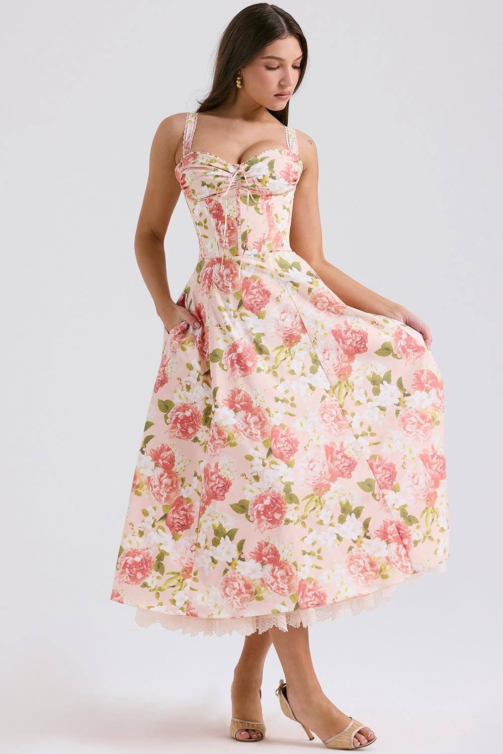 Rosalee  pink peony print cotton bustier sundress Product Image