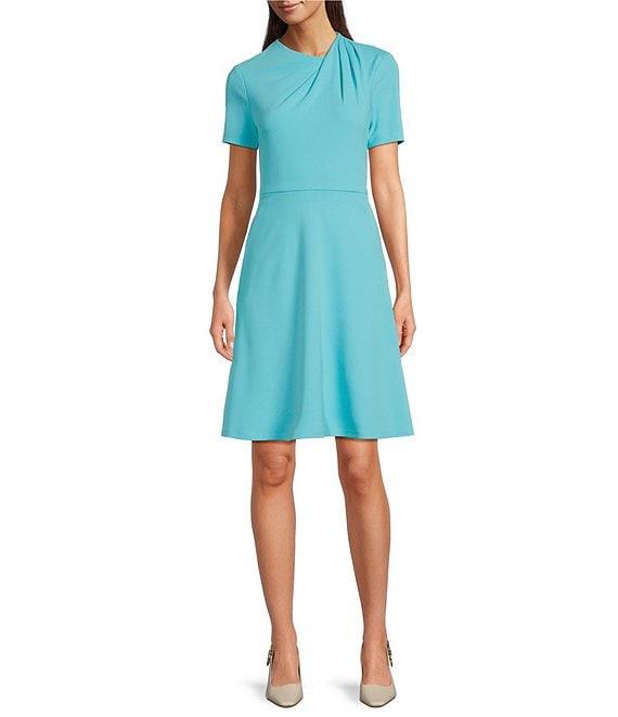 Maggy London Scuba Crepe Asymmetrical Crew Neck Short Sleeve A-Line Mini Dress Product Image