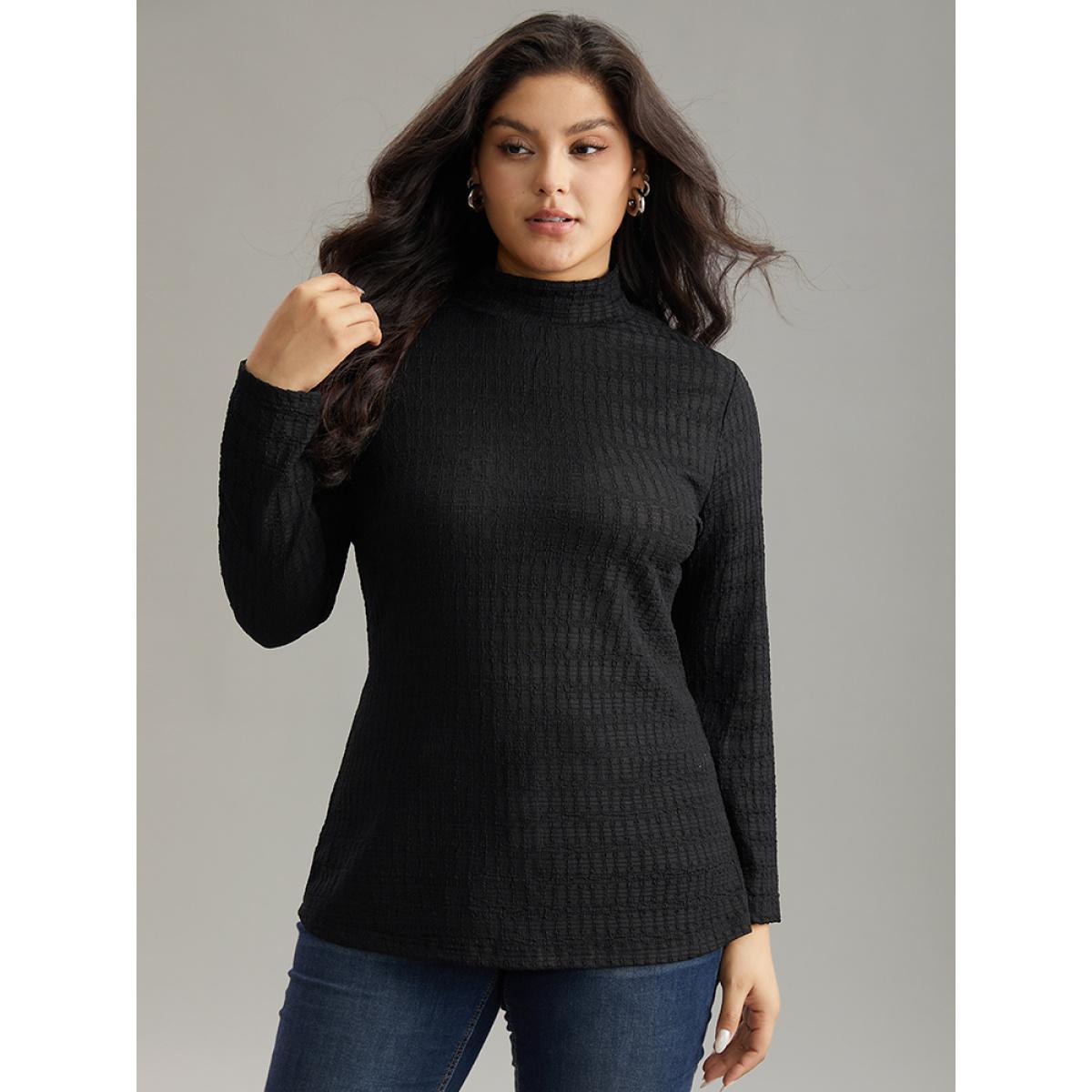 Plus Size Plain Texture Mock Neck T-shirt Black Women Elegant Texture Plain Mock Neck Dailywear T-shirts BloomChic 28/5X Product Image