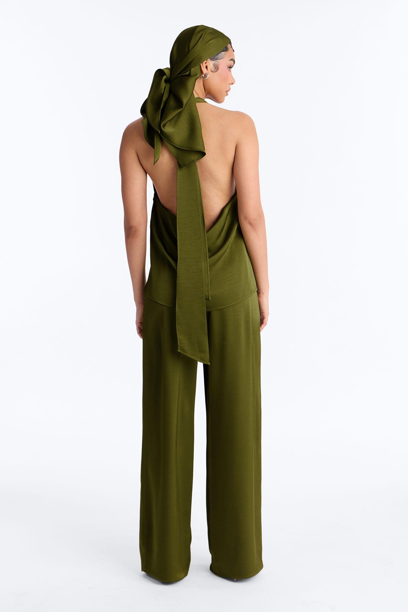 Eve Satin Halter 3 Piece Pant Set - Green Female Product Image