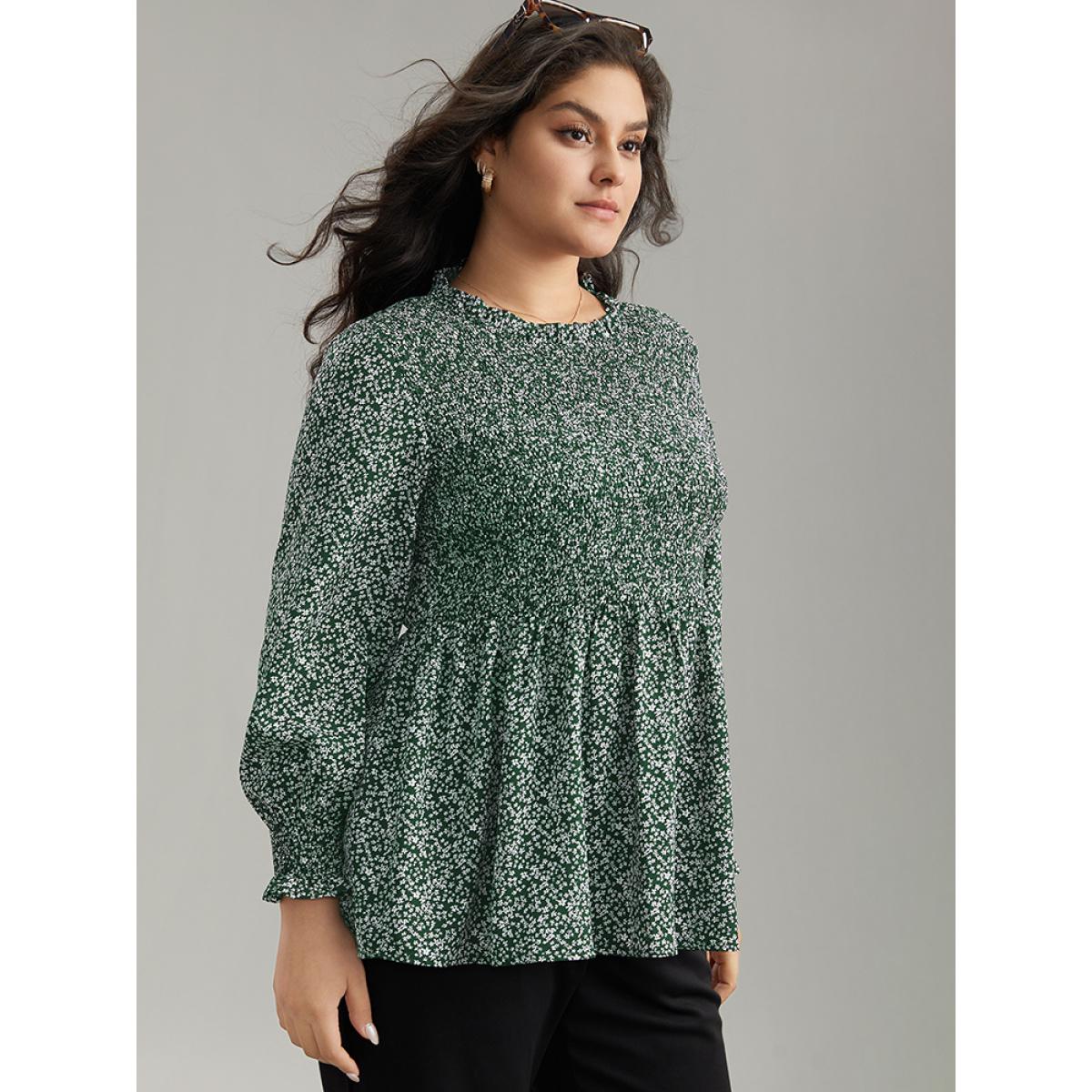 Plus Size DarkGreen Ditsy Floral Stand Collar Shirred Frill Trim Blouse Women Elegant Long Sleeve Stand-up collar Dailywear Blouses BloomChic 18-20/2X Product Image