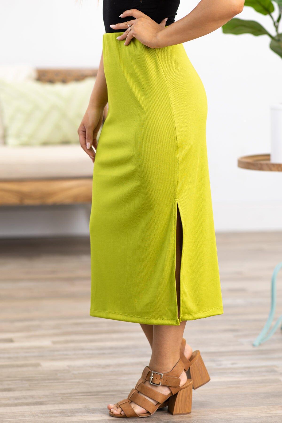 Lime Green Rib Knit Midi Skirt With Slit Product Image