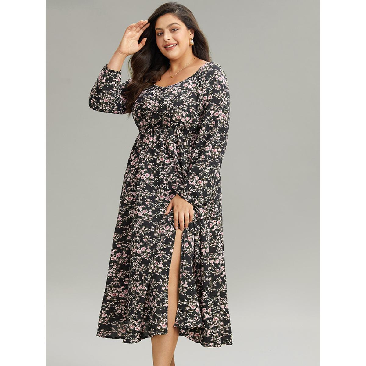 Plus Size Ditsy Floral Pocket Plicated Detail Split Side Dress Black Women Elegant Elastic cuffs Square Neck Long Sleeve Curvy Midi Dress BloomChic 22-24/3X Product Image