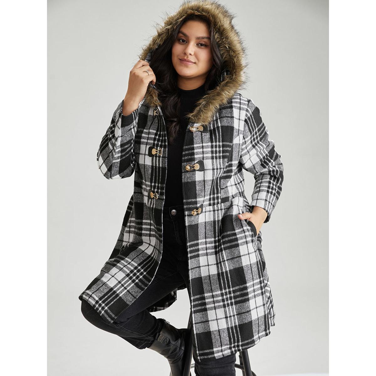 Plus Size Plaid Patchwork Duffle Button Fuzzy Trim Coat Women Black Casual Lined Ladies Dailywear Winter Coats BloomChic 30/6X Product Image