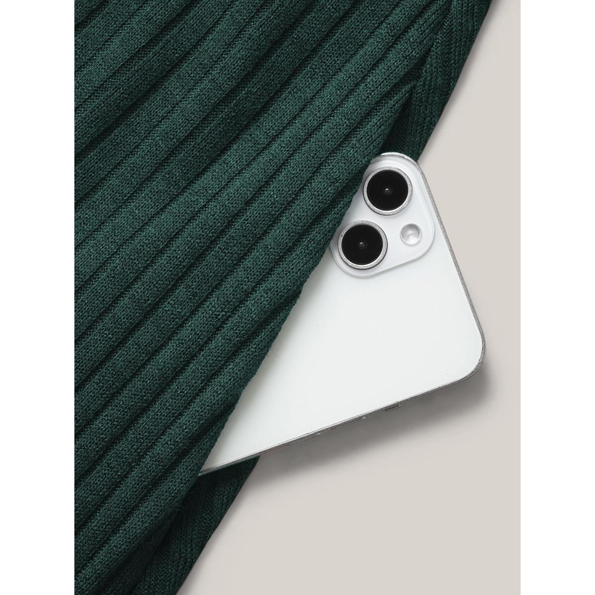 Plus Size Solid Pocket Rib Knit Ruffle Hem Dress Without Belt DarkGreen Women Leisure Non Round Neck Long Sleeve Curvy Midi Dress BloomChic 28/5X Product Image