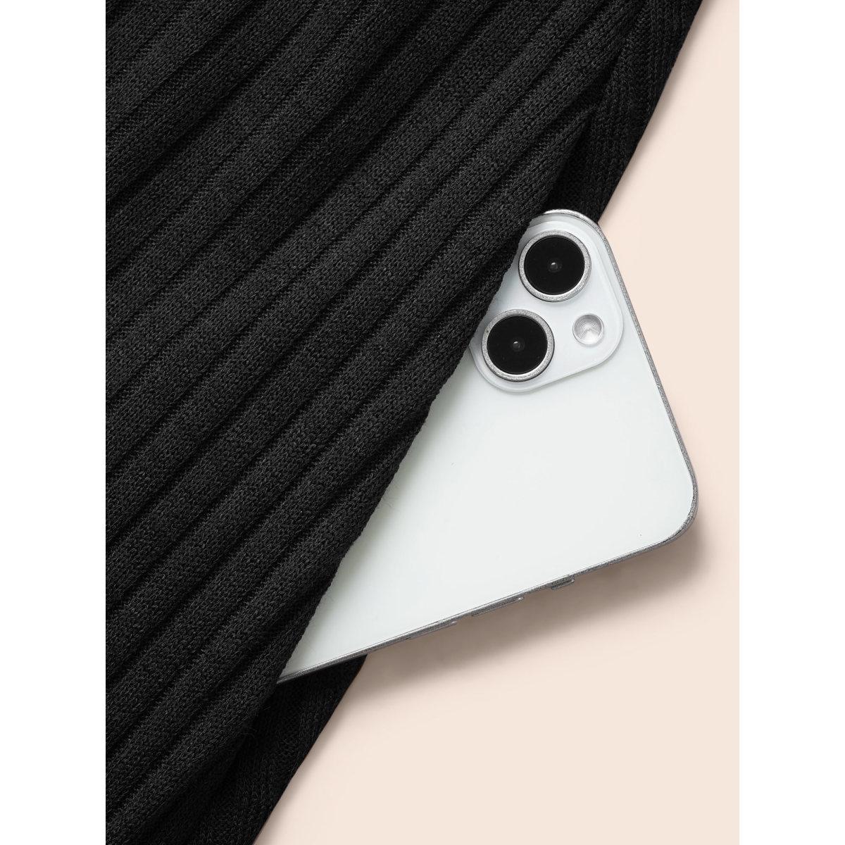 Plus Size Solid Pocket Rib Knit Ruffle Hem Dress Without Belt Black Women Basics Non Round Neck Long Sleeve Curvy Midi Dress BloomChic 12/L Product Image