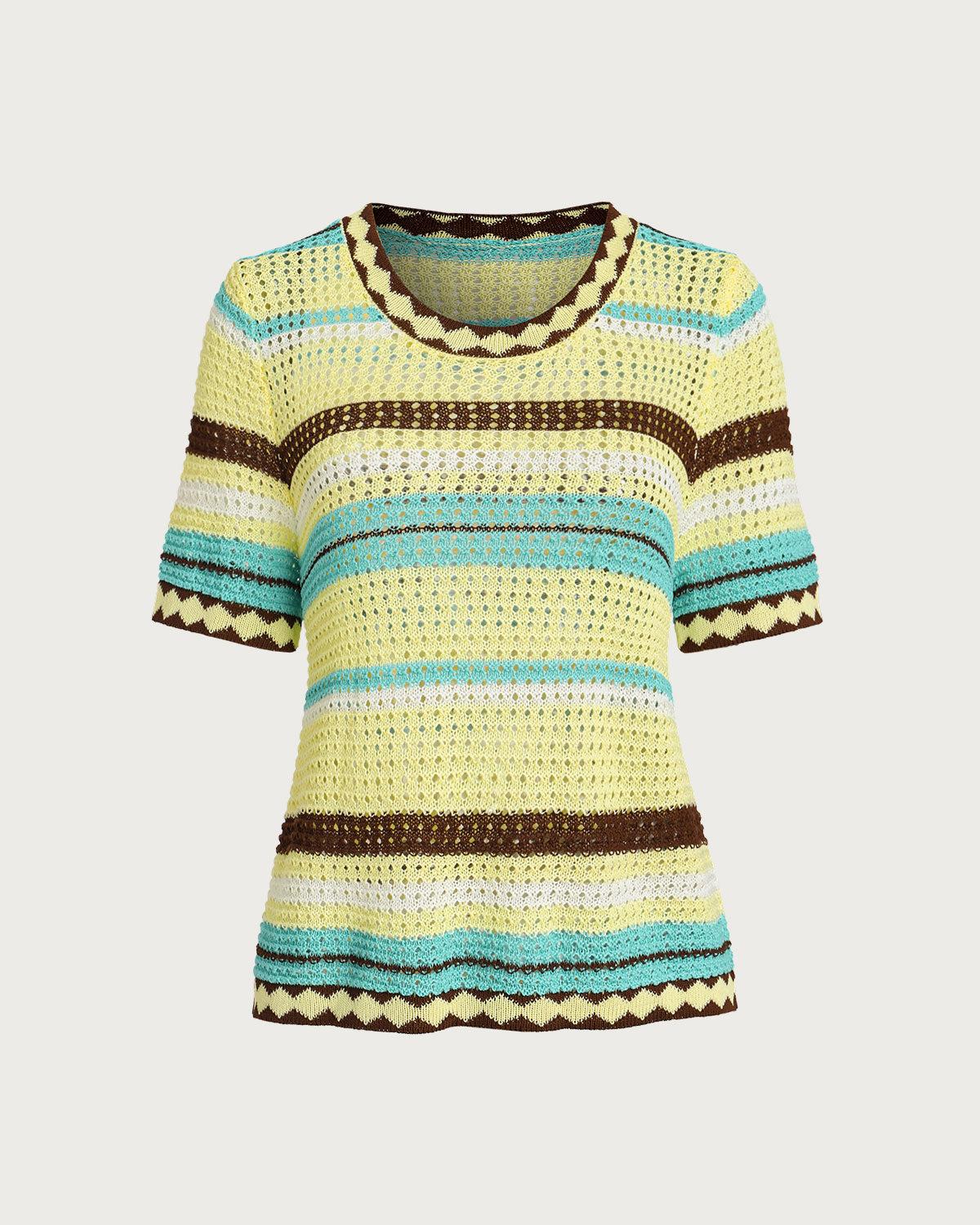 Striped Round Neck Crochet Blouse Product Image