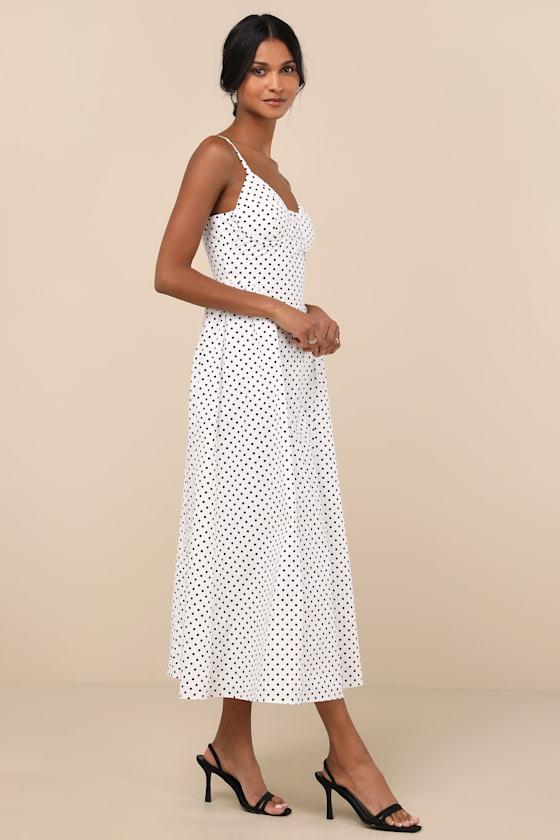 Veris White Polka Dot Bustier Midi Dress Product Image