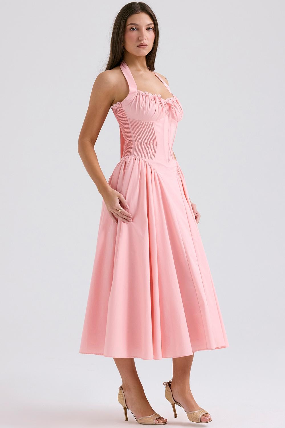 Adabella  rose pink cotton halter midi sundress Product Image