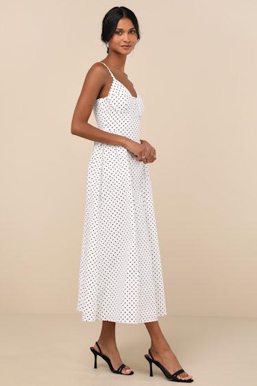 Veris White Polka Dot Bustier Midi Dress Product Image
