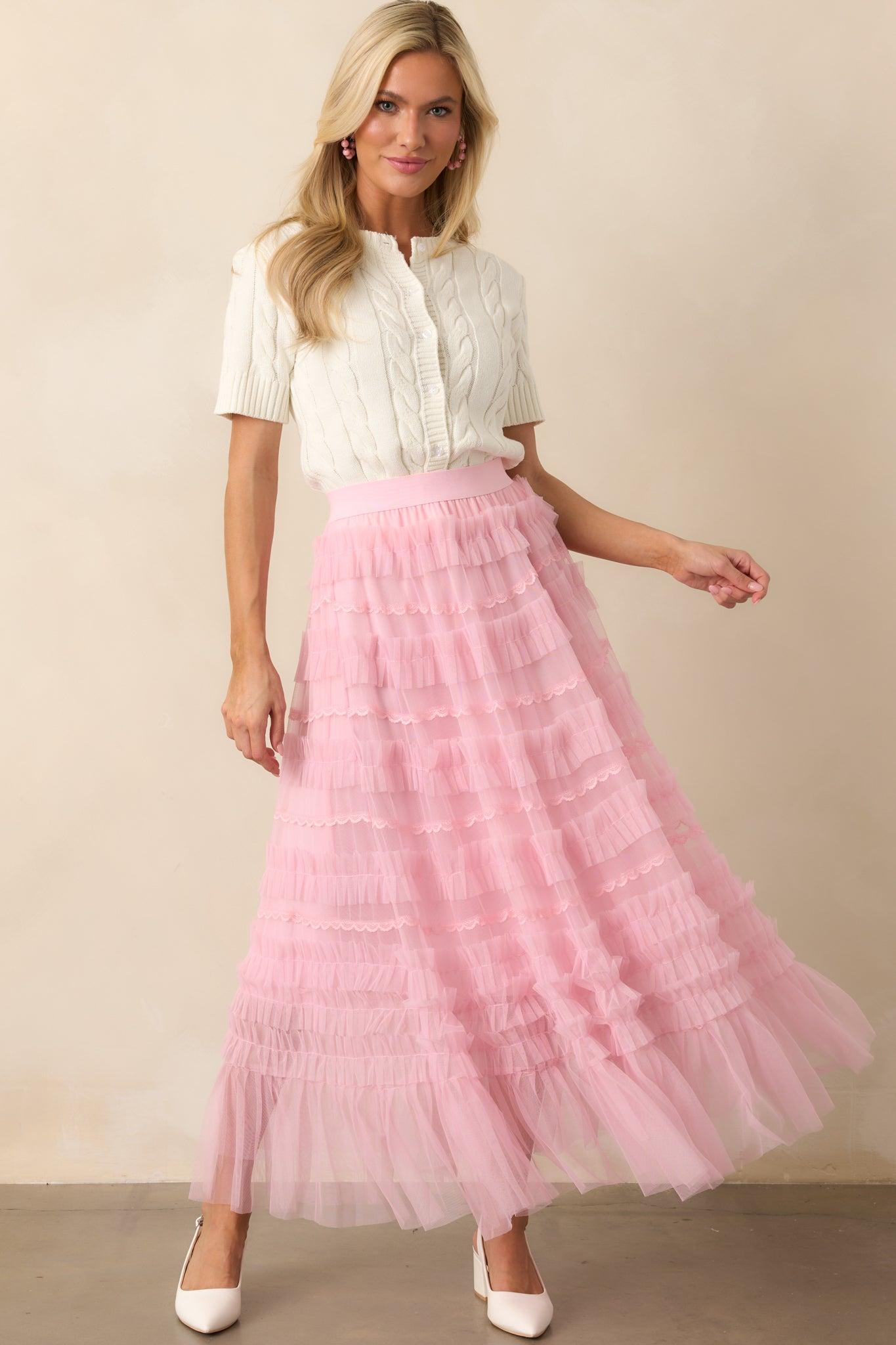 Walk In The Garden Light Pink Ruffle Tulle Midi Skirt Product Image