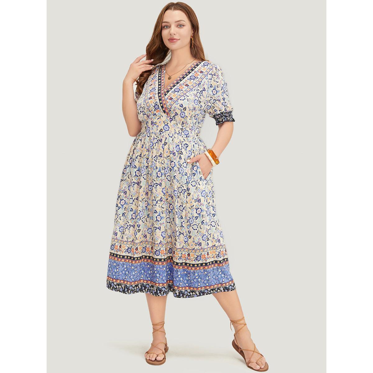 Plus Size Bandana Print Surplice Neck Pocket Shirred Puff Sleeve Dress Aegean Women Vacation Overlap Collar Short sleeve Curvy Midi Dress BloomChic 22-24/3X Product Image